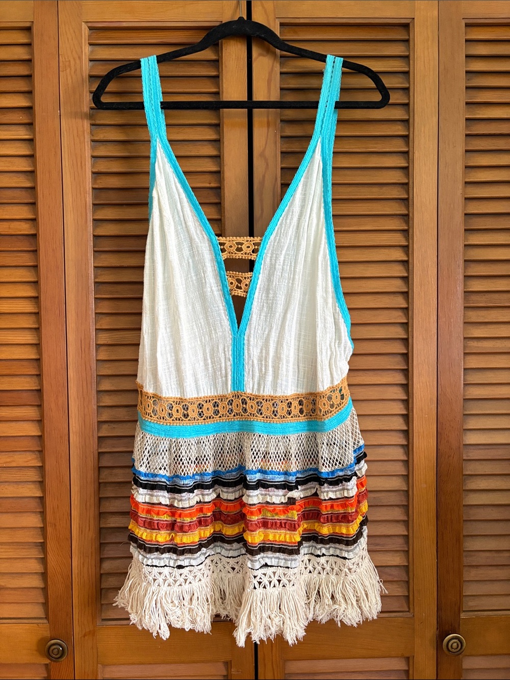 Boho Crochet Fringe Swim Cover-Up in White and Turquoise